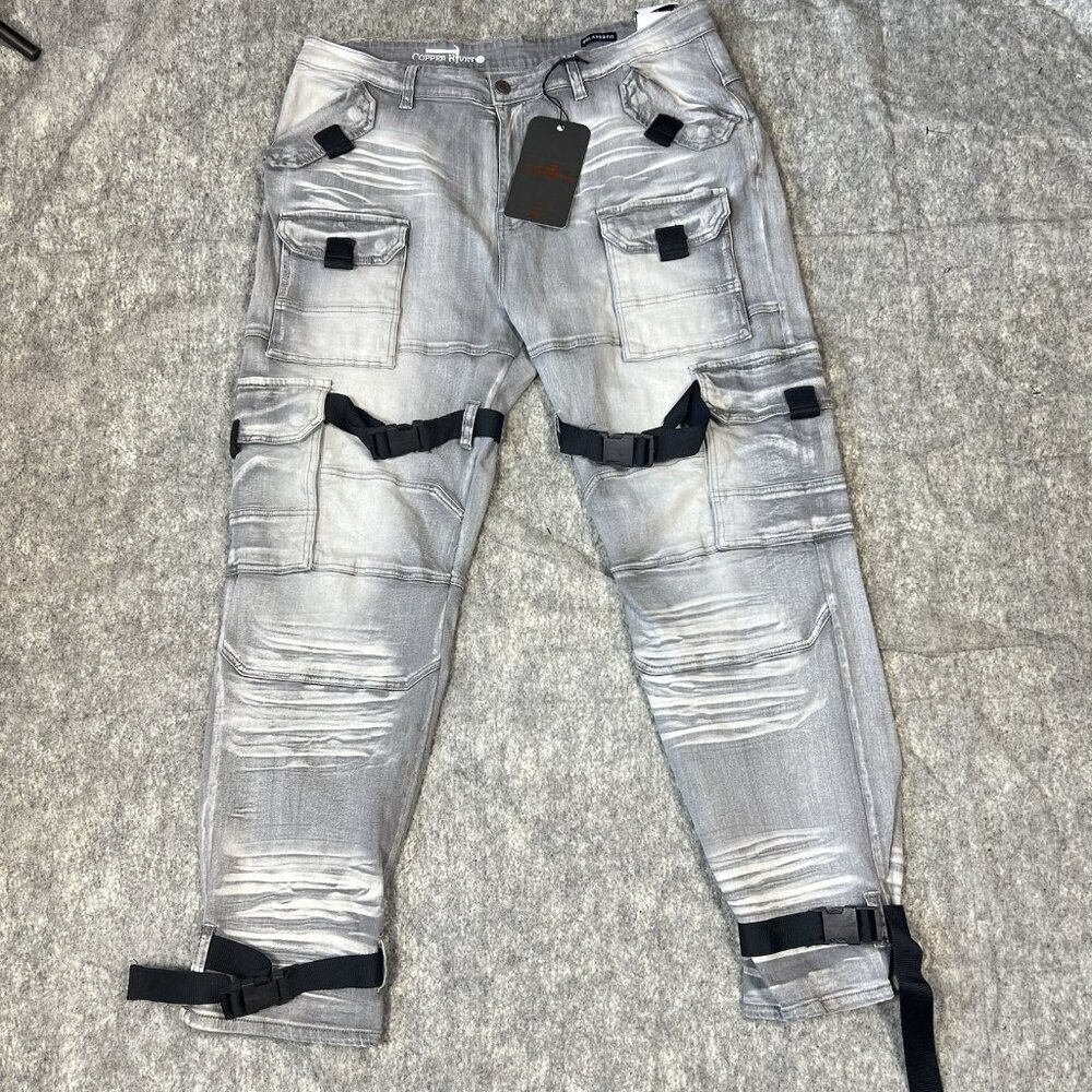 Copper Rivet Relaxed Fit Cargo Utility Pants 42x32 Gray Buckle Strap Moto Street